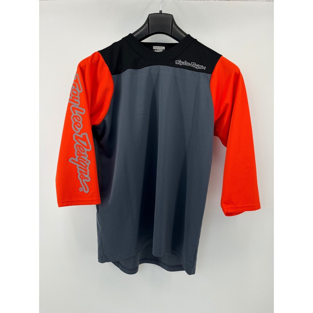 Troy Lee Designs MTB Jersey Mens Large Gray Red 3/4 Sleeve V-Neck Pocket
